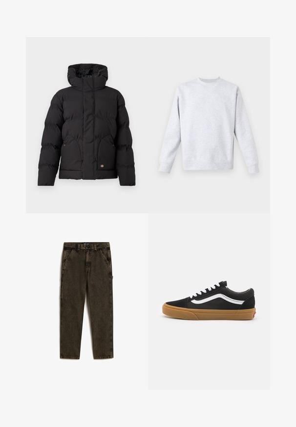 Black puffer jacket with a high collar, featuring a zip front, two side pockets, and a logo accent on the lower front. Soft, quilted texture.; Light gray sweatshirt made of soft fabric, featuring a crew neck, long sleeves, and ribbed cuffs and hem. Minimalist design with no patterns.; Vans DRILL CHORE CARPENTER ACID WASH - Straight leg jeans - olive; Black suede sneakers with white side stripe, white laces, and gum rubber sole. Classic low-top design with textured accents and rounded toe.