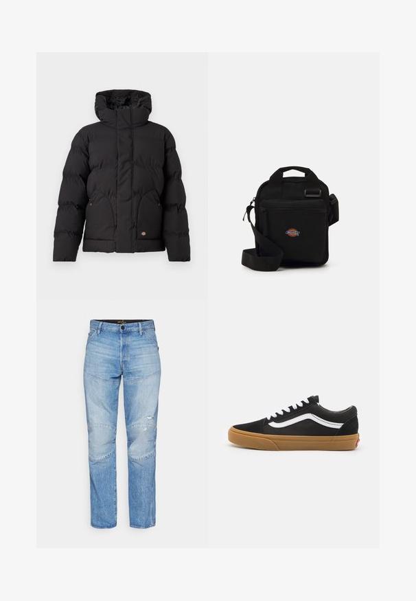 Crna puf jakna s visokim ovratnikom, s patentnim zatvaranjem sprijeda, dva bočna džepa i logom na donjem dijelu sprijeda. Mekana, kviltana tekstura.; Svijetlo siva dukserica od mekanog materijala, sa okruglim izrezom, dugim rukavima te rebrastim manžetama i donjim rubom. Minimalistički dizajn bez uzoraka.; Svijetloplave traperice s opuštenim krojem, sa zakrpama na koljenima i iznošenim detaljima. Klasičan dizajn s pet džepova i kopčanjem na dugme.; Crne suède tenisice s bijelim bočnim crtama, bijelim vezicama i gumiranim potplatom. Klasičan niskoprofilni dizajn s teksturiranim detaljima i zaobljenim vrhom.; Crna crossbody torba s zatvorenim džepom, pravokutnog oblika, izrađena od tkanine, s logom na prednjoj strani, podesivim remenom za rame.