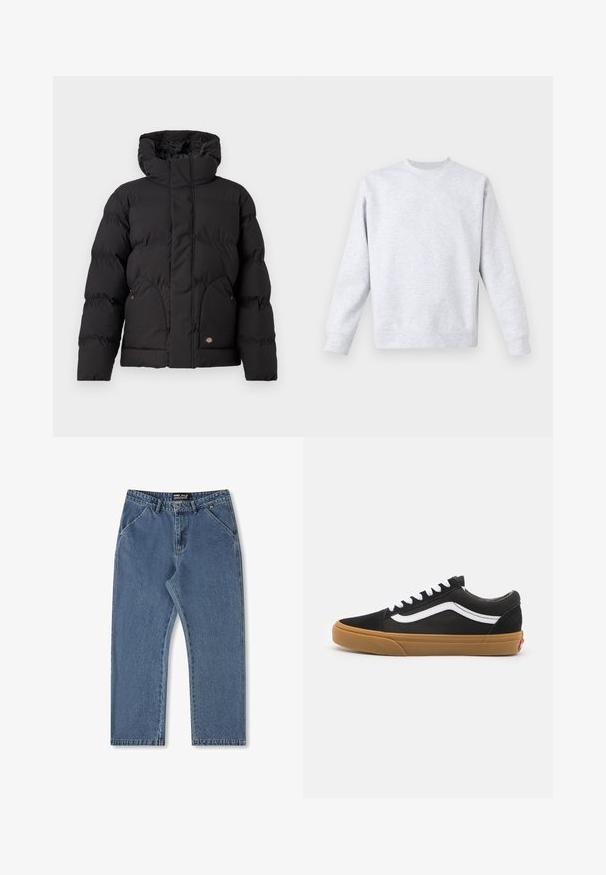 Svart pufferjakke med høy krage, med glidelås foran, to sidelommer og et logoakent på nedre front. Myk, quiltet tekstur.; Lys grå genser laget av mykt stoff, med rund hals, lange ermer og ribbestrikkede mansjetter og kant. Minimalistisk design uten mønstre.; Blå denimjeans med rett ben design, midjehøyde og klassisk fem-lomme styling. Har subtil fading og sydd detaljer.; Svarte semskete joggesko med hvit side stripe, hvite snørebånd og såle i gummigummi. Klassisk lavt design med teksturerte detaljer og rund tå.