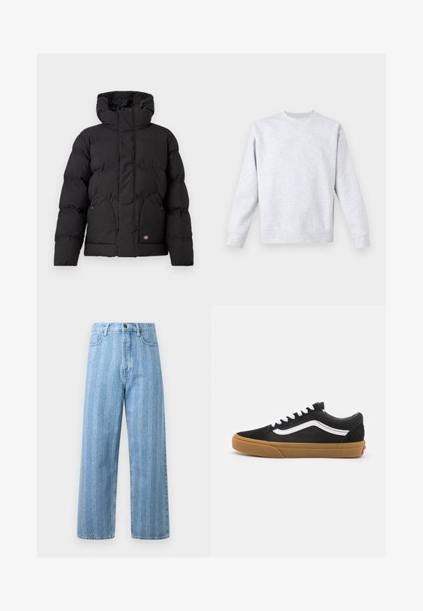 Juodas pūkinis švarkas su aukštu apykakle, su užtrauktuku priekyje, dviem šoninėm kišenėm ir logotipo akcentu apatinėje priekyje. Minkšta, siuvinėta tekstūra.; Šviesiai pilkas džemperis, pagamintas iš minkštos medžiagos, su apvalia kaklo iškirpte, ilgomis rankovėmis, bei gumuotais rankogaliais ir apačia. Minimalistinio dizaino, be raštų.; Šviesiai mėlynos džinsinės kelnės su plačiais džinsais, turinčios pakartotinių grandinės raštą. Klasikinis penkių kišenių stilius ir metalinės mygtuko detalės.; Juodos zomšinės sportbačiai su balta šonine juostele, baltomis raišteliais ir guminiu padu. Klasikinis žemas dizainas su tekstūruotais akcentais ir apvaliu nosiu.