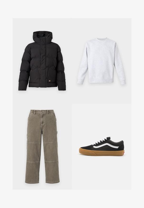 Giacca a vento nera con colletto alto, dotata di chiusura zip frontale, due tasche laterali e un logo in evidenza nella parte anteriore inferiore. Tessuto morbido e trapuntato.; Felpa grigia chiara realizzata in un tessuto morbido, con collo rotondo, maniche lunghe e polsini e orlo a coste. Design minimalista senza fantasie.; Pantaloni cargo in cotone di un verde oliva tenue con gambe larghe, dettagli cuciti in doppio, e tasche laterali, dotati di chiusura a bottone e passanti per cintura.; Sneakers in camoscio nero con striscia laterale bianca, lacci bianchi e suola in gomma marrone. Design classico low-top con accenti testurizzati e punta arrotondata.