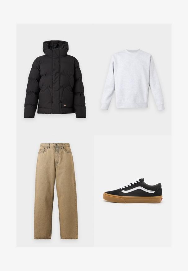 Svart puffjacka med hög krage, med dragkedja framtill, två sidofickor och en logotypdetalj på den nedre framsidan. Mjuk, vadderad textur.; Ljusgrå sweatshirt gjord av mjukt tyg, med rund hals, långa ärmar och ribbade muddar och nederkant. Minimalistisk design utan mönster.; Beige denimjeans med rak ben-design, med dragkedja, bältesöglor och kontrastsömmar. Inga anmärkningsvärda mönster eller hårdvarudetaljer.; Svarta mockaskor med vit sidostrimma, vita snören och klibbig gummisula. Klassisk lågdesign med texturerade detaljer och rund tå.
