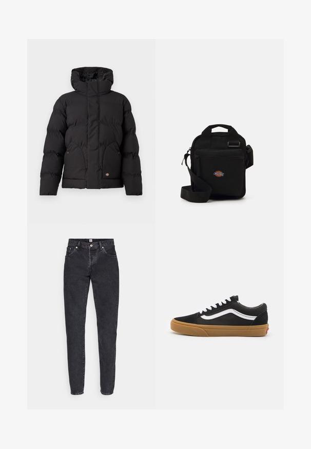 Must musta jope kõrge kraega, millel on lukuga esiosa, kaks küljetaskut ja logo aksent alumisel ees. Pehme, tikandiga tekstuur.; Heled hall sweatshirt pehmeast kangast, ümar kaelus, pikad varrukad ning soonikuga mansetid ja äär. Minimalistlik disain, ilma mustrita.; Mustad teksadaanid sirge säärega disainiga, mis sisaldavad viit taskut, nupplukuga ja õrna kulunud tekstuuri.; Mustad nubukist sneakerid valge külgriba, valged paelad ja kummi kummipõhi. Klassikaline madal disain tekstuursete aktsentidega ja ümar peatoe.; Mustmust kott, millel on lukuga tasku, ristküliku kujuline, valmistatud kangast, esiküljel logotäht ja reguleeritav õlarihm.