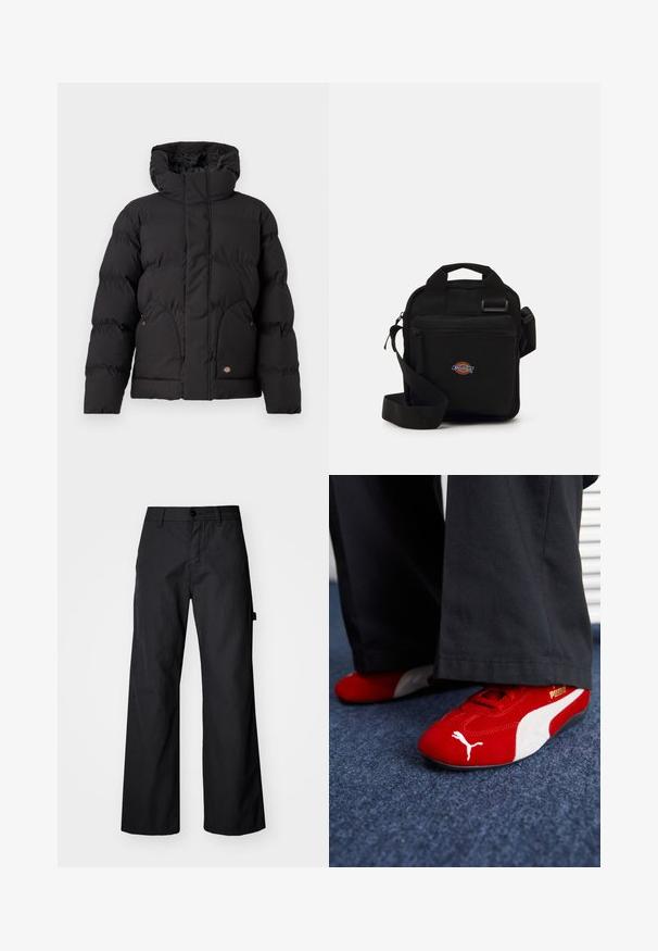 Musta puffatakki korkealla kauluksella, jossa on vetoketjukiinnitys, kaksi sivutaskua ja logo-akseli alhaalla edessä. Pehmeä, vuorattu pinta.; Vaaleanharmaa svetari, joka on valmistettu pehmeästä kankaasta. Siinä on pyöreä kaula-aukko, pitkät hihat sekä ribbaatut hihansuunkohdat ja helma. Minimalistinen muotoilu ilman kuvioita.; Mustat, leveälahkeiset housut kestävästä kankaasta. Varustettu nappisulkeumalla ja sivutaskuilla. Sujuva pinta ja siisti muotoilu.; Punaiset mokkapohjaiset lenkkarit valkoisilla yksityiskohdilla, joissa on tekstuurinen materiaali, pyöreä kärki ja kultainen logo sivussa, yhdistetty mustiin housuihin.; Musta olkakohtainen laukku, jossa on vetoketjullinen tasku, suorakaiteen muotoinen, kangasta, etupuolella logopatchi, säädettävä olkahihna.; Viisi hopeista rengasta: yksi mustalla pyöreällä yksityiskohdalla, yksi valkoisella ja mustalla geometrisella kuviolla, ja muut eri muodoilla ja viimeistelyillä.