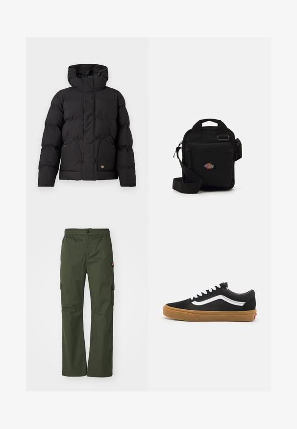 Black puffer jacket with a high collar, featuring a zip front, two side pockets, and a logo accent on the lower front. Soft, quilted texture.; Light gray sweatshirt made of soft fabric, featuring a crew neck, long sleeves, and ribbed cuffs and hem. Minimalist design with no patterns.; Olive green cargo pants with a button closure, elastic waistband, and side pockets, made from lightweight fabric with a smooth texture.; Black suede sneakers with white side stripe, white laces, and gum rubber sole. Classic low-top design with textured accents and rounded toe.; Black crossbody bag with a zippered pocket, rectangular shape, made of fabric, featuring a logo patch on the front, adjustable shoulder strap.