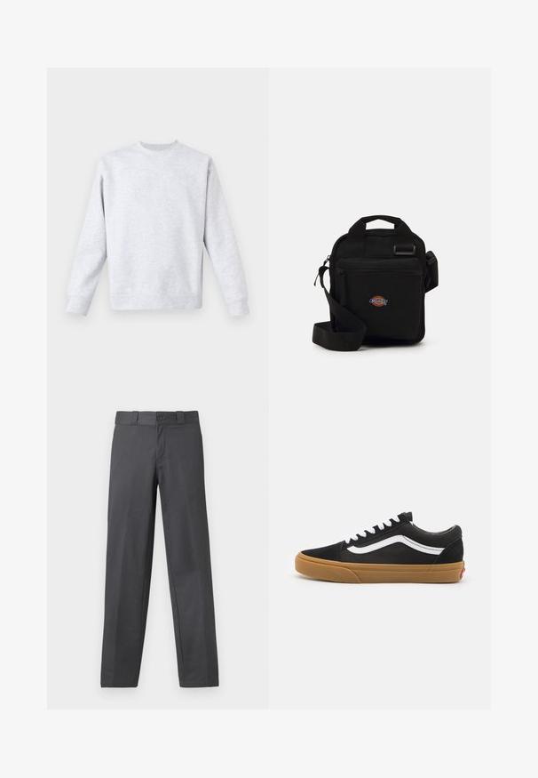 Svart pufferjakke med høy krage, med glidelås foran, to sidelommer og et logoakent på nedre front. Myk, quiltet tekstur.; Lys grå genser laget av mykt stoff, med rund hals, lange ermer og ribbestrikkede mansjetter og kant. Minimalistisk design uten mønstre.; Grå bukser laget av glatt stoff, med en rett ben-design, knappelukking og beltehemper; minimale sømmer og uten mønster.; Svarte semskete joggesko med hvit side stripe, hvite snørebånd og såle i gummigummi. Klassisk lavt design med teksturerte detaljer og rund tå.; Svart crossover-veske med en glidelåslomme, rektangulær form, laget av stoff, med et logo-påbud på forsiden, justerbar skulderrem.