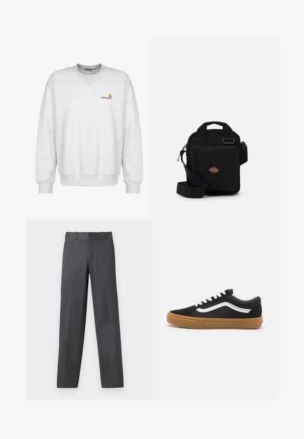 Czarna kurtka puchowa z wysokim kołnierzem, z zamkiem błyskawicznym z przodu, dwoma bocznymi kieszeniami i logo na dolnej części z przodu. Miękka, pikowana faktura.; Szary polarowy sweter z okrągłym dekoltem, ściągaczami na rękawach i na dole, z małym brązowym logo Carhartt na lewej stronie klatki piersiowej.; Szare spodnie z gładkiego materiału, z prostymi nogawkami, zapięciem na guzik i szlufkami na pasek; minimalna ilość szwów i brak wzorów.; Czarne zamszowe trampki z białym paskiem po bokach, białymi sznurowadłami i gumową podeszwą. Klasyczny niski design z teksturowanymi akcentami i zaokrąglonym noskiem.; Czarna torebka na ramię z zamkiem błyskawicznym, prostokątna, wykonana z tkaniny, z naszywką logo z przodu, z regulowanym paskiem na ramię.