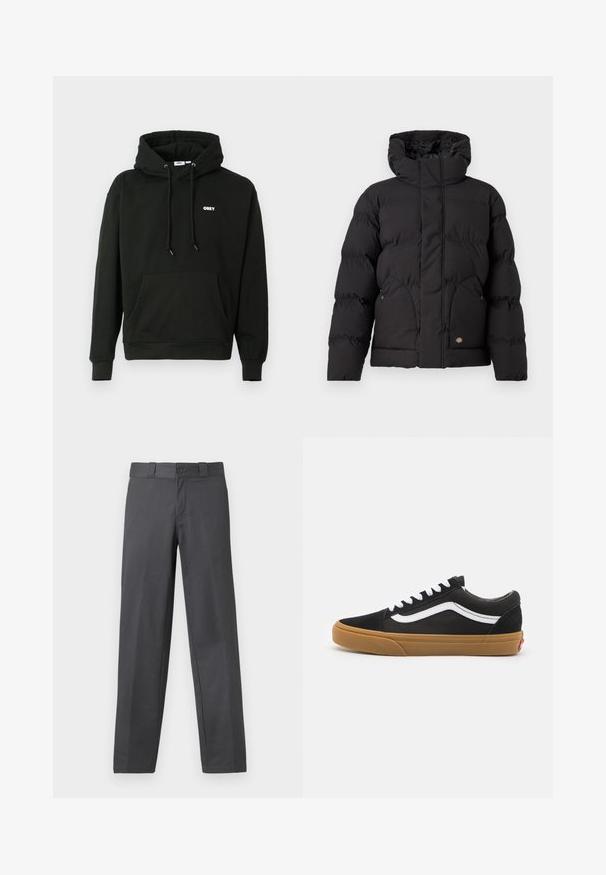 Juodas pūkinis švarkas su aukštu apykakle, su užtrauktuku priekyje, dviem šoninėm kišenėm ir logotipo akcentu apatinėje priekyje. Minkšta, siuvinėta tekstūra.; Juodas didelis džemperis su priekiu kengūros kišenė, reguliuojama kapuota su raišteliais ir mažas baltas "OBEY" logotipas ant krūtinės. Minkšta medžiaga.; Pilkos kelnes, pagamintos iš lygios medžiagos, tiesaus kirpimo, su mygtuko užsegimu ir dirželių kilpomis; minimalūs siūlės ir be raštų.; Juodos zomšinės sportbačiai su balta šonine juostele, baltomis raišteliais ir guminiu padu. Klasikinis žemas dizainas su tekstūruotais akcentais ir apvaliu nosiu.