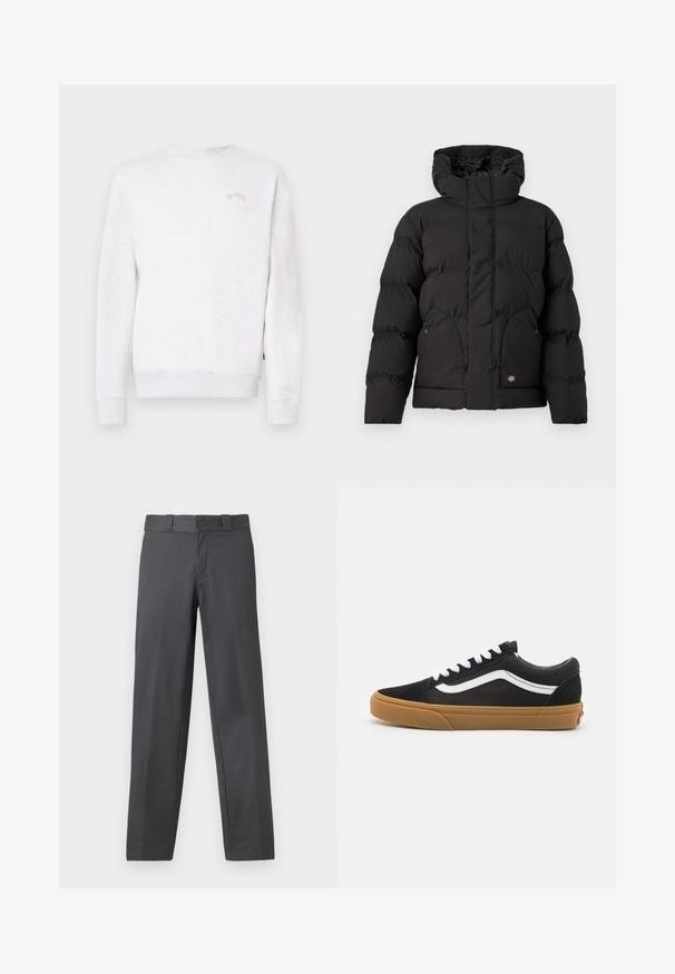 Giacca a vento nera con colletto alto, dotata di chiusura zip frontale, due tasche laterali e un logo in evidenza nella parte anteriore inferiore. Tessuto morbido e trapuntato.; Felpa grigio chiaro realizzata in cotone morbido, con scollo rotondo, polsini a costine e un piccolo logo ricamato sul petto.; Pantaloni grigi in tessuto liscio, con design a gamba dritta, chiusura con bottone e passanti per cintura; cuciture minime e nessun motivo.; Sneakers in camoscio nero con striscia laterale bianca, lacci bianchi e suola in gomma marrone. Design classico low-top con accenti testurizzati e punta arrotondata.