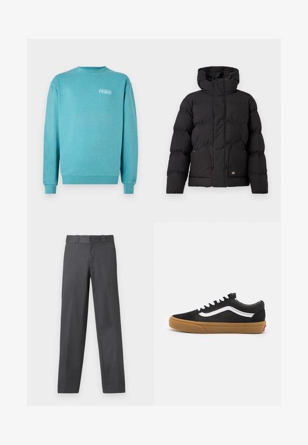 Black puffer jacket with a high collar, featuring a zip front, two side pockets, and a logo accent on the lower front. Soft, quilted texture.; Turquoise cotton sweatshirt, crew neck, long sleeves, ribbed cuffs and hem, features small white graphic logo on left chest.; Gray trousers made of smooth fabric, featuring a straight-leg design, button closure, and belt loops; minimal seams and no patterns.; Black suede sneakers with white side stripe, white laces, and gum rubber sole. Classic low-top design with textured accents and rounded toe.