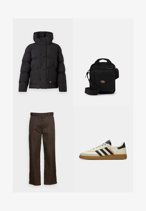 Černá péřová bunda s vysokým límcem, zapínání na zip, dvě boční kapsy a logo na spodní části přední strany. Měkká prošívaná textura.; Bílá dlouhá tričko s dlouhými rukávy vyrobené z bavlny. Design s kulatým výstřihem, žebrované manžety a malé logo na levém rukávu. Hladká textura.; Hnědé kalhoty s rovnými nohavicemi, mají plochý přední díl, poutka na opasek a hladkou strukturu. Jednoduchý design bez vzorů nebo akcentů.; Krémové a černé tenisky Adidas Spezial s gumovou podrážkou, černými proužky, červeným prošíváním a nápisem "Spezial" na boku.; Černá crossbody taška se zipovou kapsou, obdélníkový tvar, vyrobená z látky, s logem na přední straně, nastavitelné ramenní popruhy.; Pět stříbrných prstenů: jeden s černým kulatým detailem, jeden s bílým a černým geometrickým vzorem, a další s různými tvary a povrchy.