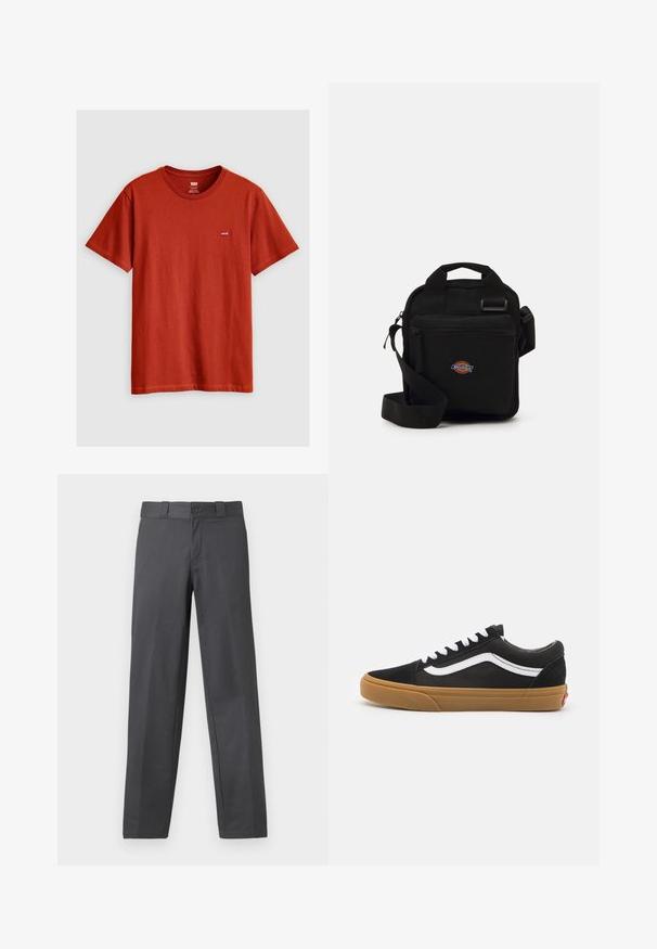 Svart pufferjakke med høy krage, med glidelås foran, to sidelommer og et logoakent på nedre front. Myk, quiltet tekstur.; Rød bomulls t-skjorte med korte ermer, rund hals, og en liten Levi's-logo sydd på brystet. Glatt tekstur og enkelt design.; Grå bukser laget av glatt stoff, med en rett ben-design, knappelukking og beltehemper; minimale sømmer og uten mønster.; Svarte semskete joggesko med hvit side stripe, hvite snørebånd og såle i gummigummi. Klassisk lavt design med teksturerte detaljer og rund tå.; Svart crossover-veske med en glidelåslomme, rektangulær form, laget av stoff, med et logo-påbud på forsiden, justerbar skulderrem.