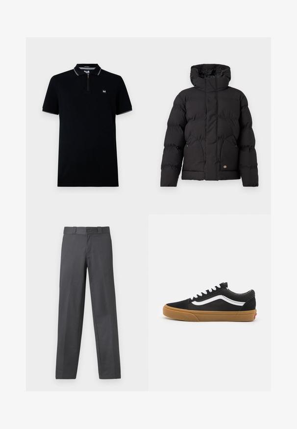 Juodas pūkinis švarkas su aukštu apykakle, su užtrauktuku priekyje, dviem šoninėm kišenėm ir logotipo akcentu apatinėje priekyje. Minkšta, siuvinėta tekstūra.; Juoda polo marškinėliai trumpomis rankovėmis, su užtrauktuku, kontrastingais apykaklės ir rankovių kraštais, pagaminti iš lygios medžiagos, su mažyčiu logotipu.; Pilkos kelnes, pagamintos iš lygios medžiagos, tiesaus kirpimo, su mygtuko užsegimu ir dirželių kilpomis; minimalūs siūlės ir be raštų.; Juodos zomšinės sportbačiai su balta šonine juostele, baltomis raišteliais ir guminiu padu. Klasikinis žemas dizainas su tekstūruotais akcentais ir apvaliu nosiu.
