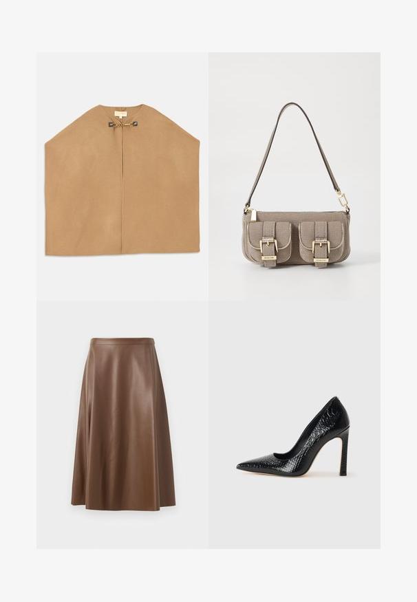 Softer dromedár szövetből készült köpeny, kerek nyakkivágással, nyitott elülső résszel és arany színű záródással ellátott lánc részletekkel. Simogatja a tapintást.; Fekete ujjatlan felső, vékony spagetti pántokkal, bordás anyagból készült, egyenes vonalú fazonnal, a nyakrészen "IVY OAK" felirattal.; Barna bőrből készült A-vonalú szoknya sima textúrával és közepes hosszúságú szegéllyel. Fitted derékrésszel rendelkezik és enyhén bővül a csípőnél.; Fekete hegyes orrú magassarkú cipő krokodilbőr textúrával, letisztult dizájnnal, magas tűsarkú és sima fekete belső résszel.; Beige textúrájú kézitáska állítható pánttal, két elülső zsebbel, amelyek csattal záródnak, és arany színű kiegészítőkkel. A tetején cipzáros záródás.