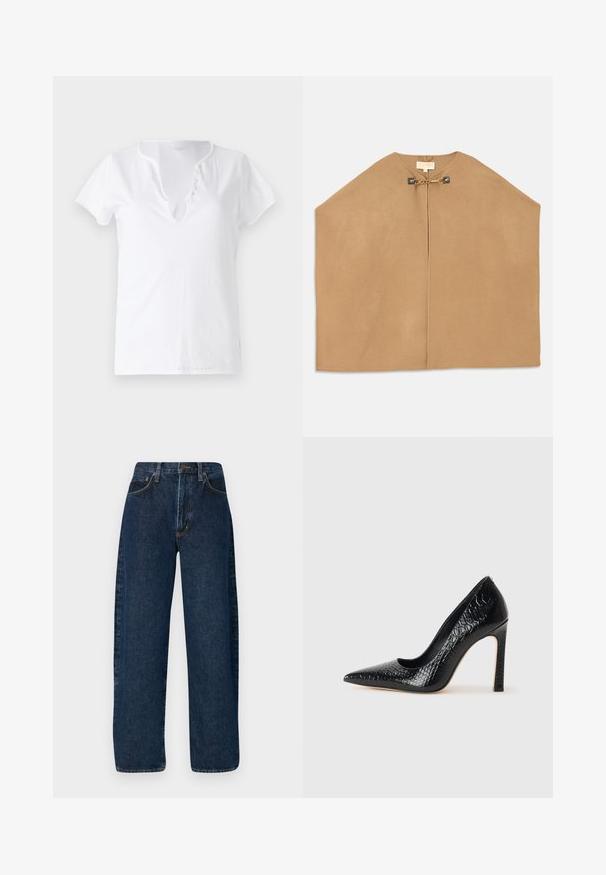 Softer dromedár szövetből készült köpeny, kerek nyakkivágással, nyitott elülső résszel és arany színű záródással ellátott lánc részletekkel. Simogatja a tapintást.; Fehér pamut póló rövid ujjakkal, laza szabással és V-nyakkivágással, öt díszgombbal ellátott gombolással.; Magas derekú, széles szárú kék farmernadrág, klasszikus öt zsebes stílussal és kontrasztos varrással az illesztések mentén.; Fekete hegyes orrú magassarkú cipő krokodilbőr textúrával, letisztult dizájnnal, magas tűsarkú és sima fekete belső résszel.