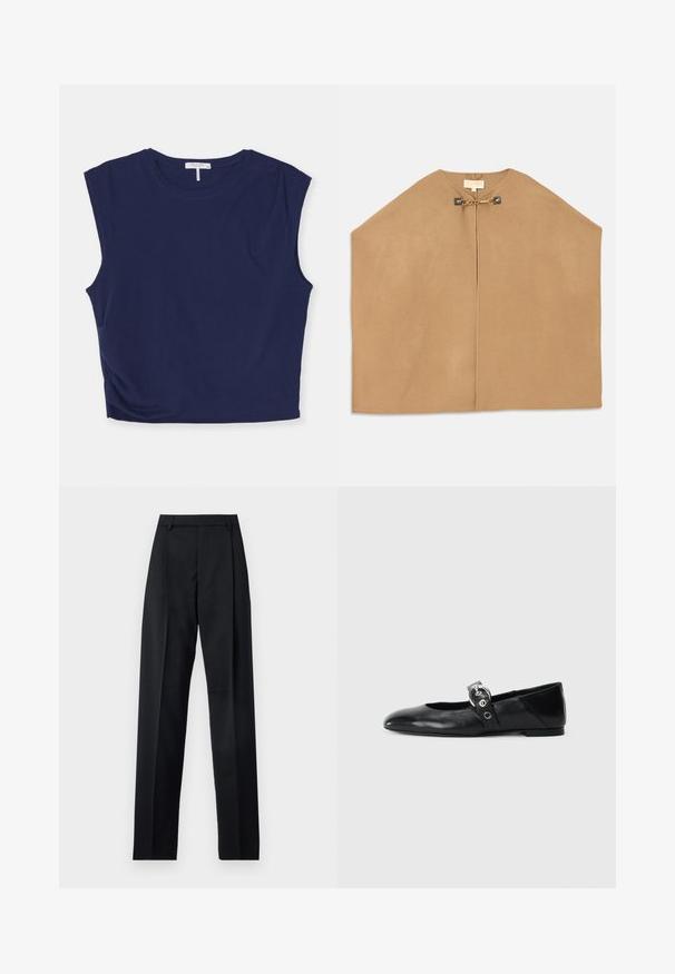 Cappa in morbido tessuto cammello, caratterizzata da un collo rotondo, apertura frontale e dettagli in metallo dorato con catena alla chiusura. Texture liscia.; Top senza maniche blu navy accorciato realizzato in morbido tessuto, con colletto rotondo e spalle leggermente strutturate, dalla texture liscia.; Pantaloni neri realizzati in tessuto morbido, caratterizzati da vita alta, gambe larghe, pince frontali e classiche passanti per cintura. Non ci sono tasche laterali visibili.; Ballerine in pelle nera con punta appuntita, dotate di una fascia con una fibbia metallica circolare e suola piatta.