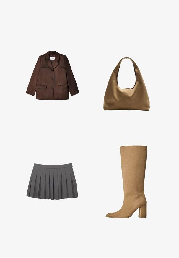 Rjava blejzer, izdelan iz gladkega materiala, z izrezanim ovratnikom, enojnim gumbom za zapiranje in dvema sprednjima žepoma. Teksturirana površina.; Bela, rebrasta pulover s turtleneck ovratnikom in dolgimi rokavi ter oprijetim silhuetom. Mehka tekstura z zavihanimi manšetami; skrajšana dolžina.; Siva nabrana mini krila z gumbom na pasu in majhno logotipno okrasitev na desni strani.; Tanki suede škornji do kolen v bež barvi z blok peto, z ošiljenim nosom in gladko teksturo. Minimalističen dizajn brez okraskov.; Brahna torba preko rame iz rjave tkanine s širokim, zaobljenim tijelom i velikim izrezanim ručkom. Meka tekstura, minimalistički dizajn i bez vidljivih metalnih dijelova.