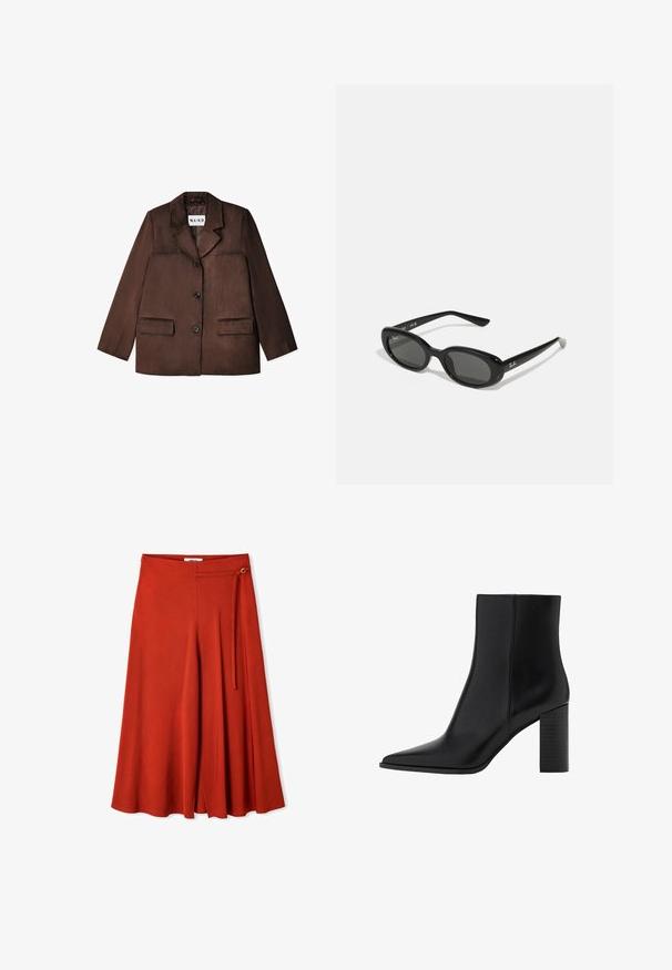 Brown blazer made from a smooth material, featuring a notch collar, single button closure, and two front pockets. Textured finish.; Brown button-up shirt with a classic collar, long sleeves, and a straight cut. Soft texture and minimalistic design with no patterns.; Red wide-leg trousers made of soft fabric, featuring a flat front, side tie detail, and a flared silhouette with pleated accents.; Black leather ankle boot with a pointed toe, square heel, smooth texture, and stitching details along the seams. Heels measure approximately 3.5 inches.; Black sunglasses with oval lenses, glossy plastic frame, and slender arms. Features Ray-Ban logo in white on the side.; Tan suede handbag with a structured shape, featuring two handled, triangular cutouts, and a zip fastening along the top for closure.