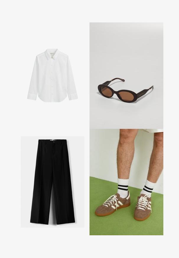 Brown blazer made from a smooth material, featuring a notch collar, single button closure, and two front pockets. Textured finish.; White long-sleeve button-up shirt made of cotton. Features a pointed collar, buttons down the front, and rounded hem at the bottom.; Black wide-leg trousers made of lightweight fabric, featuring a front button closure and flat front, with neatly stitched hems.; Brown suede sneakers with white accents and laces. Rubber gum sole. Worn with white socks featuring black stripes. Green textured flooring.; Giorgio Armani Sunglasses - brown