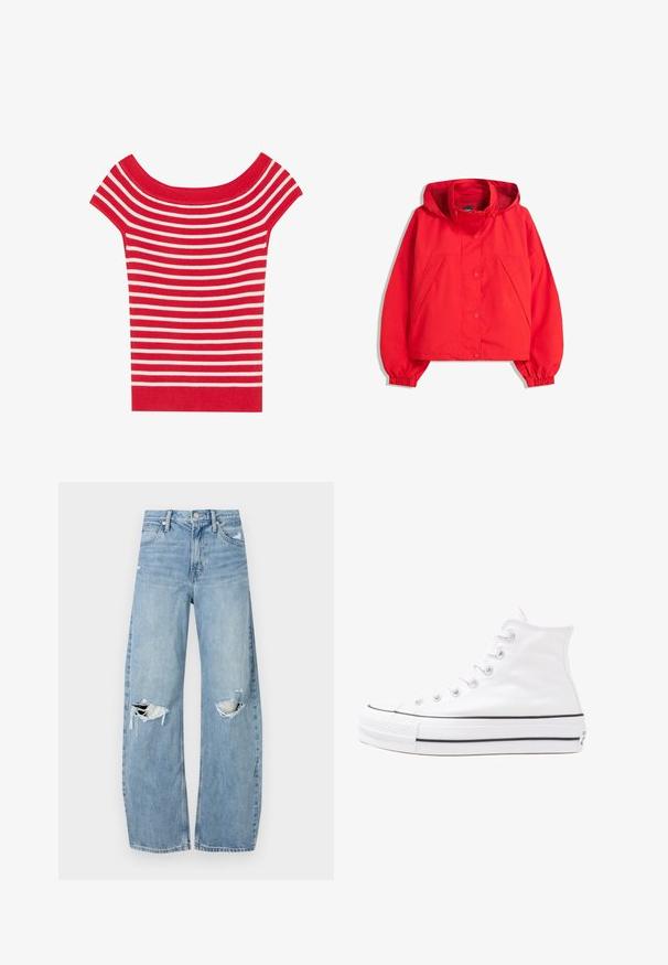 Giacca a cappuccio rossa brillante con bottoni a pressione frontali, polsini elasticizzati e tasche diagonali su sfondo bianco.; Top a maniche corte, off-the-shoulder, in righe orizzontali rosse e bianche, realizzato in tessuto a costine con un design aderente.; Jeans azzurri chiari a vita alta realizzati in denim. Presentano gambe larghe, due aree strappate sulle ginocchia e il classico styling a cinque tasche.; Sneaker alta in tela bianca con suola in gomma nera, punta in gomma frontale e sei asole per i lacci, caratterizzata da un design pulito e minimalista.