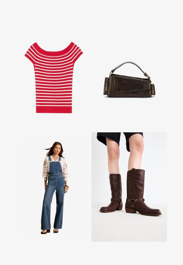 Jasnoczerwona kurtka z kapturem, z przednimi zatrzaskami, elastycznymi mankietami i ukośnymi kieszeniami na białym tle.; T-shirt na krótki rękaw, z odkrytymi ramionami, w czerwono-białe poziome paski, wykonany z prążkowanej dzianiny o dopasowanym kroju.; Dżinsowe ogrodniczki z falistym wzorem przy bibie, rozszerzanymi nogawkami i bocznymi kieszeniami. Połączone z białą bluzką z haftem i drewnianymi akcesoriami.; Brązowe skórzane kozaki do kolan z okrągłym noskiem, teksturowaną powierzchnią, paskiem w okolicy kostki i srebrnymi detalami; na platformie.; Brązowa skórzana torebka z geometrycznym wzorem, z górną rączką i mosiężnymi suwakami. Logo wytłoczone z boku.