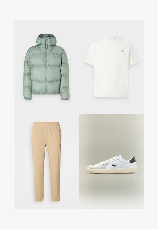 Zelená prešívaná bunda s kapucňou, obsahujúca predný zips, prešívané sekcie a diskrétne logo. Vyrobená z hladkého, lesklého materiálu.; Biela bavlnená tričkovo s krátkymi rukávmi, s jemne vyšitým logom a minimalistickým dizajnom. Mäkká textúra, okrúhly výstrih.; Béžové bavlnené tepláky s elastickým pásom, zúženými nohavicami a bočným vyšívaním, ktoré majú jemnú textúru a jednoduchý dizajn.; Biele tenisky s zelenými akcentmi, vyrobené z semišu a kože, s guľatou špičkou, textúrovanou podrážkou a vyšitým logom na boku a jazyku.