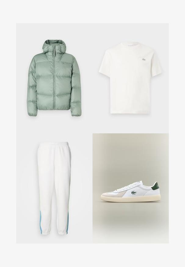 Zielona puchowa kurtka z kapturem, posiadająca zamek błyskawiczny z przodu, pikowane sekcje i subtelne logo. Wykonana z gładkiego, błyszczącego materiału.; Biała bawełniana koszulka z krótkim rękawem, z subtelnym haftowanym logo i minimalistycznym wzornictwem. Miękka tekstura, okrągły dekolt.; Białe dresy z elastycznym paskiem, z zielonymi i niebieskimi paskami po bokach. Miękka tkanina z zwężającym się fasonem nogawki.; Białe sneakersy z zielonymi akcentami, wykonane z zamszu i skóry, o zaokrąglonym nosku, teksturowanej podeszwie oraz wyszywanym logo na boku i języku.