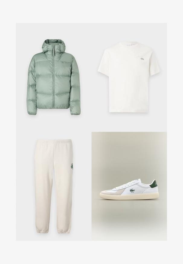 Grøn puffjakke med hætte, der har en frontlynlås, kviltede sektioner og diskret branding. Lavet af glat, shiny materiale.; Hvid bomulds T-shirt med korte ærmer, prydet med et diskret broderet logo og minimalistisk design. Blød tekstur, rund halsudskæring.; Lys beige sweatpants lavet af bomuld, med elastisk talje, ribbede mansjetter og et grønt logo med bladdesign på venstre ben.; Hvide sneakers med grønne accenter, lavet af ruskind og læder, rund tå, tekstureret ydersål og broderet logo på siden og tungen.