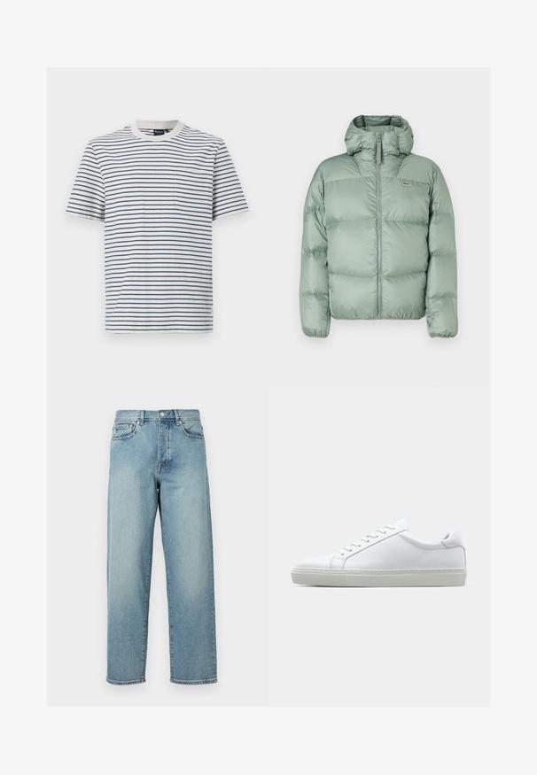 Green puffer jacket with a hood, featuring a front zipper, quilted sections, and subtle branding. Made from smooth, shiny material.; Striped t-shirt in white and navy, short sleeves, crew neck, features a pocket on the left chest. Made from soft cotton fabric.; Light blue denim jeans with a loose fit, straight legs, five-pocket design, and a button closure at the waist. Minimalistic stitching detail.; White sneaker with a smooth leather upper and a low profile. Features a rounded toe, six eyelets, and a textured rubber sole.