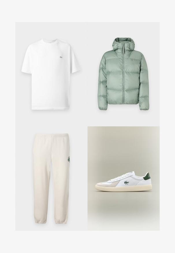 Zöld pufi dzseki kapucnival, elülső cipzárral, steppelt részekkel és diszkrét márkázással. Simogatós, fényes anyagból készült.; Fehér pamut póló kerek nyakkal és rövid ujjakkal. Kicsi fekete Lacoste logó látható a mellkas bal oldalán.; Világos bézs szabadidőnadrág, pamutból készült, rugalmas derékkal, bordázott mandzsettákkal, és zöld logóval, amely leveleket ábrázol, a bal lábon.; Fehér sportcipő zöld részletekkel, velúr és bőr anyagból, kerek orral, texturált talppal, és hímzett logóval az oldalon és a nyelvén.