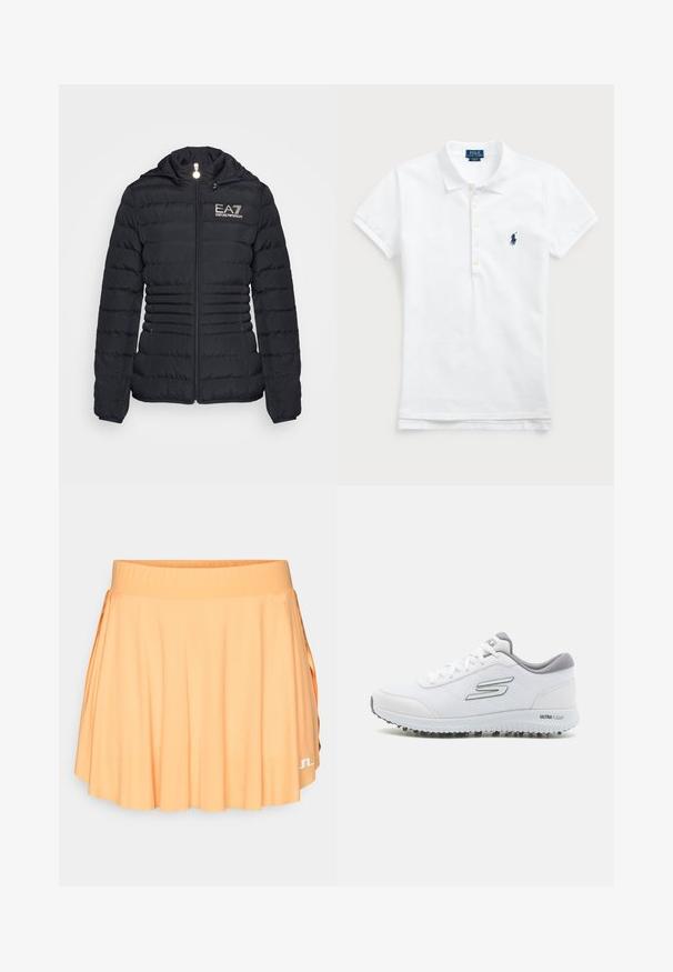 Čierna puffa bunda so zipsom vpredu, horizontálne prešité vzory, kapucňa a zlaté logo EA7. Má dve postranné vrecká a elastické manžety.; Biela bavlnená polokošeľa s klasickým golierom, krátkymi rukávmi a námornícky modrou vyšitou značkou na ľavej strane hrudníka. Päťgombíková léga.; Plisovaná tenisová sukňa z jemnej oranžovej látky, s širokým elastickým pásom a bielym logom na dolnej pravej strane.; Biele športové topánky s textúrovaným sieťovaným zvrškom, striebornými akcentmi a ľahkou podrážkou s malými trakčnými hrotmi, označené "ULTRA FLIGHT."