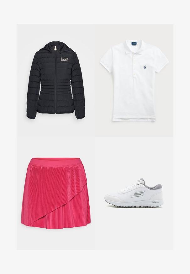 Musternahk peakot, millel on lukuga eesmine osa, horisontaalselt tikitud disain, kapuuts ja kuldne EA7 logo. Omab kahte küljetaskut ja elastseid mansette.; Valge puuvillane polo särk, millel on klassikaline krae, lühikesed varrukad ja sinine brodeeritud logo vasakul rinnal. Viie nupuga vool.; Kardus roosa seelik laia elastse vööga, millel on kihiline disain ja kontrastekstid, luues visuaalset huvi.; Valged spordisussid tekstuurses võrgusüvas, hõbedased detailid ja kerge tallaga, kus on väikesed haardepunktid, märgitud "ULTRA FLIGHT."