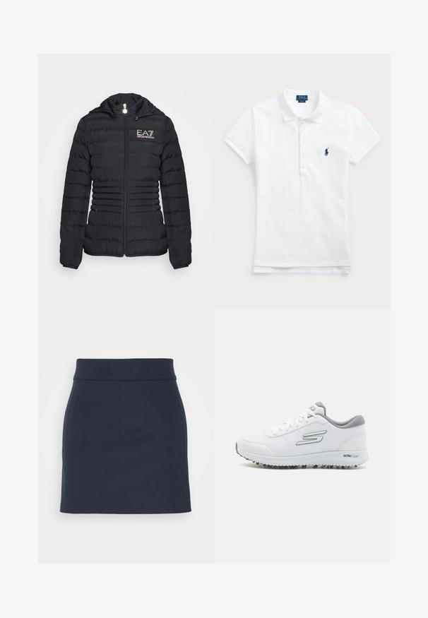 Casaco puffer preto com fecho frontal, design acolchoado horizontal, capuz e logótipo EA7 em dourado. Apresenta dois bolsos laterais e punhos elásticos.; Camisa polo de algodão branca com um colarinho clássico, mangas curtas e um logótipo bordado em azul-marinho no lado esquerdo do peito. Placket com cinco botões.; Saia mini azul marinho feita de tecido elástico, com uma textura suave, design ajustado e uma faixa larga na cintura com detalhes de costura limpos.; Sapatilhas brancas desportivas com um upper de malha texturizada, detalhes em prata e uma sola leve com pequenos pinos de tração, rotuladas "ULTRA FLIGHT."