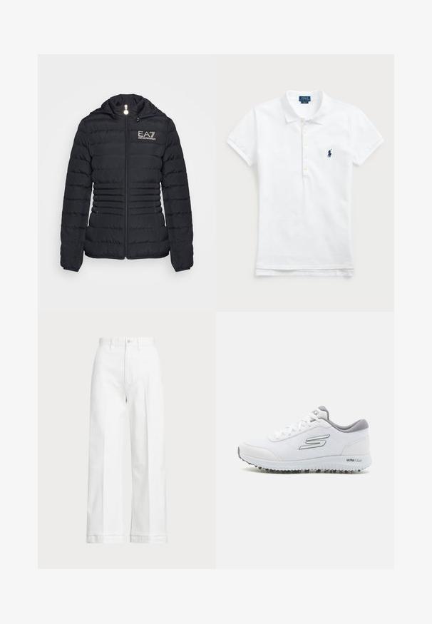 Schwarze Steppjacke mit Reißverschluss vorne, horizontalem Steppdesign, Kapuze und goldfarbenem EA7-Logo. Verfügt über zwei seitliche Taschen und elastische Bündchen.; Weißes Baumwoll-Polohemd mit klassischem Kragen, kurzen Ärmeln und einem dunkelblauen gestickten Logo auf der linken Brust. Fünf-Knopf-Leiste.; Weiße Weitbein-Hosen mit hoher Taille, ausgestattet mit einem Knopfverschluss und subtilen Stickdetails. Hergestellt aus Baumwolle mit glatter Textur.; Weiße Sportschuhe mit einem strukturierten Mesh-Obermaterial, silbernen Akzenten und einer leichten Sohle mit kleinen Traktionsnoppen, bezeichnet als "ULTRA FLIGHT".