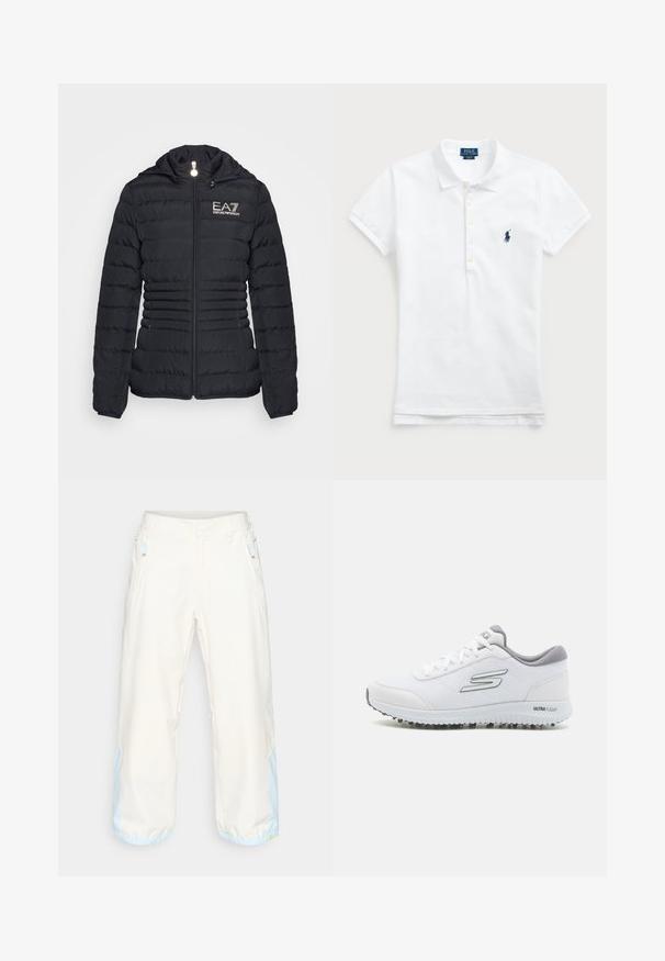 Čierna puffa bunda so zipsom vpredu, horizontálne prešité vzory, kapucňa a zlaté logo EA7. Má dve postranné vrecká a elastické manžety.; Biela bavlnená polokošeľa s klasickým golierom, krátkymi rukávmi a námornícky modrou vyšitou značkou na ľavej strane hrudníka. Päťgombíková léga.; Svetlobéžové nohavice širokého strihu so hladkou textúrou, s modrými akcentmi na zakončeniach a bočnými zipsovými vreckami. Ľahká tkanina.; Biele športové topánky s textúrovaným sieťovaným zvrškom, striebornými akcentmi a ľahkou podrážkou s malými trakčnými hrotmi, označené "ULTRA FLIGHT."