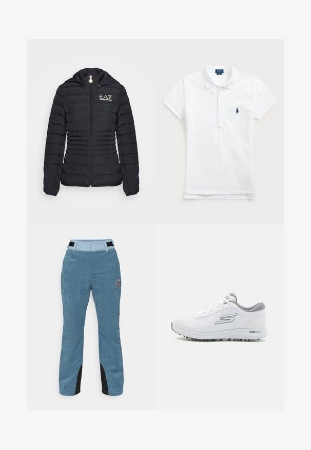 Casaco puffer preto com fecho frontal, design acolchoado horizontal, capuz e logótipo EA7 em dourado. Apresenta dois bolsos laterais e punhos elásticos.; Camisa polo de algodão branca com um colarinho clássico, mangas curtas e um logótipo bordado em azul-marinho no lado esquerdo do peito. Placket com cinco botões.; Calças de cordura azuis com corte de perna reta, apresentando um destaque preto nas laterais inferiores e um emblema redondo do logo EA na parte da frente.; Sapatilhas brancas desportivas com um upper de malha texturizada, detalhes em prata e uma sola leve com pequenos pinos de tração, rotuladas "ULTRA FLIGHT."
