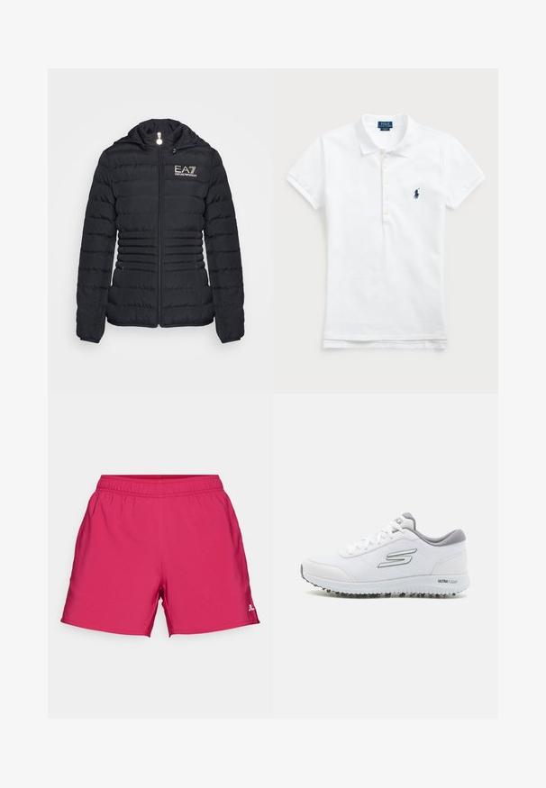 Μαύρο μπουφάν πούφ με ζώτης μπροστά, οριζόντια ραφή, κουκούλα και λογότυπο EA7 σε χρυσό. Διαθέτει δύο πλαϊνές τσέπες και ελαστικές μανσέτες.; Λευκό βαμβακερό πόλο μπλούζα με κλασικό γιακά, κοντά μανίκια και ναυτικό μπλε κεντητό λογότυπο στο πάνω αριστερό μέρος του στήθους. Πέντε κουμπιά στην μπροστινή πλευρά.; Ροζ αθλητικά σορτς με ελαστική μέση, κατασκευασμένα από ελαφρύ υλικό. Διαθέτουν πλαϊνές τσέπες και ένα μικρό λογότυπο στο κάτω μέρος.; Λευκά αθλητικά παπούτσια με πλέγμα υφής, ασημένιες λεπτομέρειες και ελαφρύ πέλμα που διαθέτει μικρές προεξοχές πρόσφυσης, ετικέτα "ULTRA FLIGHT."