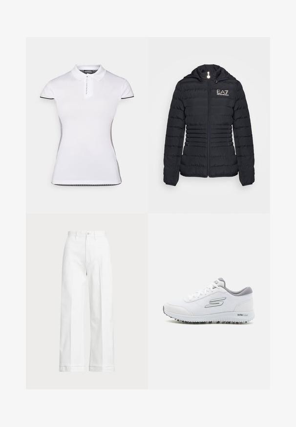 Melnā pūkainā jaka ar rāvējslēdzēja priekšpusi, horizontālu kvadrātu dizainu, kapuci un zelta EA7 logo. Iespējo divas sānu kabatas un elastīgas aproces.; Balts polo krekls ar īsām piedurknēm, apkakli un priekšējo pogu aizdari. Melnas akcenti piedurknēm un sānu šuvēm. Mīksta, gluda tekstūra.; Baltas platās bikses ar augstu jostasvietu, ar pogu aizdari un smalkiem izšuvumiem. Izgatavotas no kokvilnas ar gludu tekstūru.; Baltie sporta apavi ar teksturētu sietu augšpusi, sudraba akcentiem un vieglu zoli ar mazām saķeres uzlikām, apzīmēti "ULTRA FLIGHT."