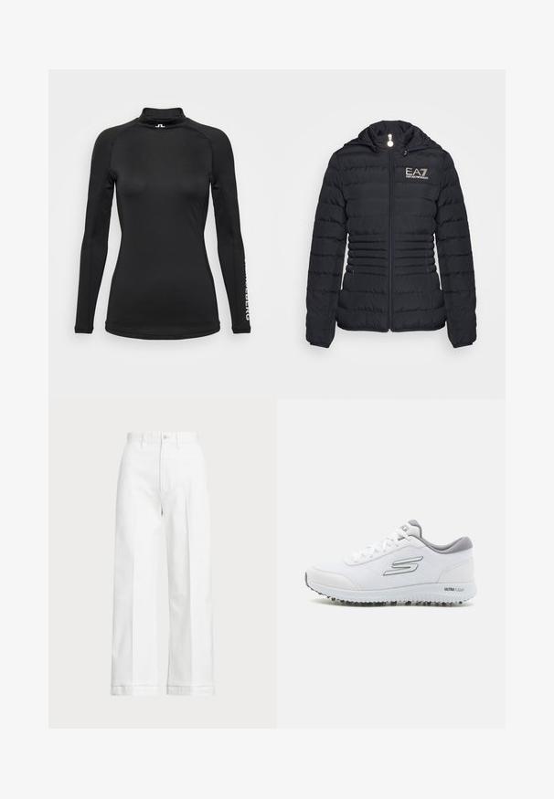 Zwarte pufferjack met een rits aan de voorkant, horizontaal gestikt ontwerp, capuchon en EA7-logo in goud. Bevat twee zijzakken en elastische manchetten.; Zwarte langemouwen shirt met hoge kraag, gemaakt van gladde stof. Voorzien van subtiele stiksels en een logo op de mouw. Slank fit ontwerp.; Witte wijde broek met een hoge taille, voorzien van een knoopsluiting en subtiele stiksels. Gemaakt van katoen met een gladde textuur.; Witte sportschoenen met een gestructureerde mesh bovenkant, zilveren accenten en een lichtgewicht zool met kleine grip-noppen, gemarkeerd met 'ULTRA FLIGHT'.