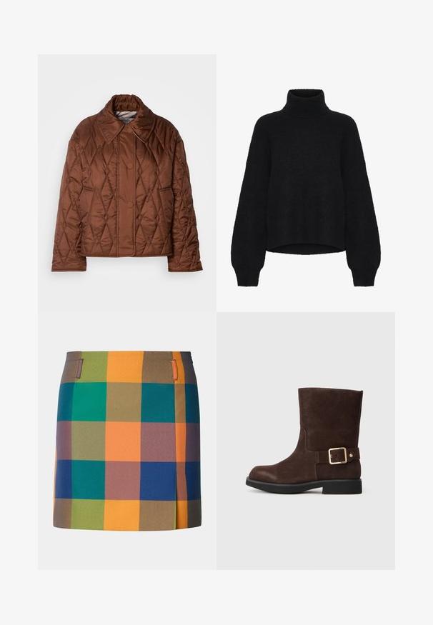 Bruine gewatteerde jas met een ruitpatroon, brede kraag, twee knopen aan de voorkant en lange mouwen. Gemaakt van een glanzend synthetisch materiaal.; Zwarte coltrui met een cropped ontwerp, gemaakt van pluizige stof. Het heeft brede mouwen en een geribbelde textuur bij de kraag.; Multikleurige rok met een gedurfde ruitpatroon van oranje, groen, blauw en bruine vierkanten. Ontworpen met een rechte snit en zij-accenten.; Bruine suède enkellaars met een ronde neus, platte zwarte zool en gouden gespaccent aan de zijkant. Gladde textuur en eenvoudig ontwerp.