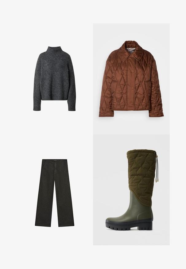 Braune gesteppte Jacke mit einem Rautenmuster, breitem Kragen, zwei vorderen Knöpfen und langen Ärmeln. Hergestellt aus einem glänzenden synthetischen Material.; Grau, strukturierter Rollkragenpullover mit langen Ärmeln, der eine lockere Passform und gerippte Bündchen aufweist. Der Stoff wirkt weich und warm.; Schwarz-weiße, weit geschnittene Jeans mit mittelhohem Bund, zwei Vorderentaschen und einem klaren, minimalistischen Design ohne sichtbare Verzierungen.; Knöchelhoher grüner wasserdichter Stiefel mit oberer Schicht aus gestepptem Stoff, schwarzer klobiger Sohle und verstellbarem Kordelzug an der Spitze.
