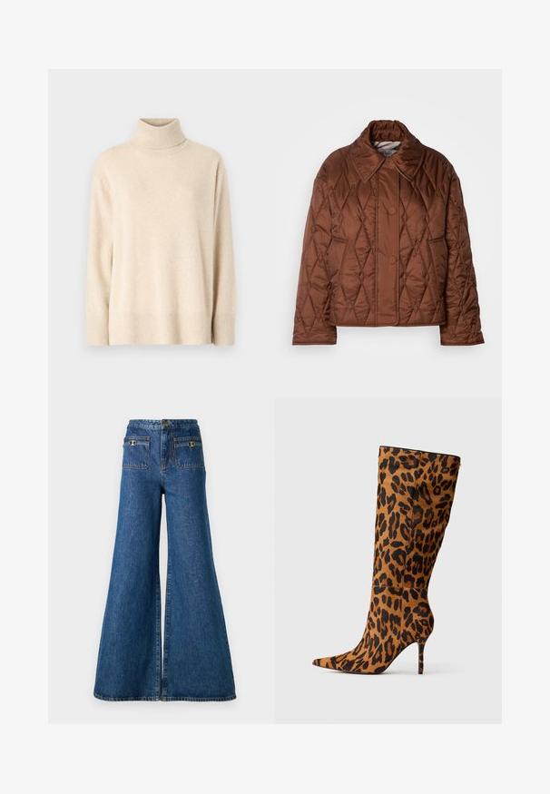 Veste matelassée marron avec un motif en losange, grand col, deux boutons à l'avant et manches longues. Fabriquée en matériau synthétique brillant.; Pull marin beige en tissu doux, avec un col et des poignets côtelés, à coupe décontractée et à ourlet droit.; Jean en denim large dans un bleu foncé, doté d'une taille haute, de deux poches arrière avec quincaillerie dorée, et d'un ourlet brut aux jambes.; Bottes à talons hauts en imprimé léopard brun avec un bout pointu et un design ajusté. Le matériau semble lisse avec une légère texture.