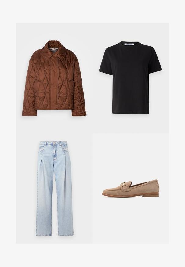 Pruun uhkeldav pusa, millel on teemantmuster, lai krae, kaks esimest nööpi ja pikad varrukad. Valmistatud läikivast sünteetilisest materjalist.; Must have lühikeste varrukatega t-särk, mis on valmistatud pehmest puuvillast, ümmarguse kaelusega, lõdva sobivusega ja sileda tekstuuriga. Ei ole nähtavaid mustreid ega graafikat.; Heledad sinise denimist valmistatud teksapüksid kõrge vöökohaga, laia jala lõikega, kahe külje taskuga ja pleedi disainiga. Pehme tekstuur ja pleekinud viimistlus.; BOSS HELYAN - Jalga libistatavad jalanõud - medium beige