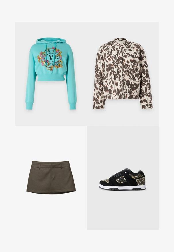 Pufasta jakna iz lahkega materiala, ki se ponaša z izrazitim rjavim in kremnim razpršnim vzorcem, stoječim ovratnikom in dvema sprednjima žepoma.; Versace Jeans Couture Športni pulover - blu eleos; Rjava krilo s krojenjem po meri, ki vključuje zanke za pas, dve sprednji žepki in teksturirano tkanino. Rob je rahlo ukrivljen.; Črne semiš superge z vojaškim vzorcem na strani, bele srednje podplate in črna gumijasta podplata. Imajo vezalke in podrobnost z logotipom na strani.