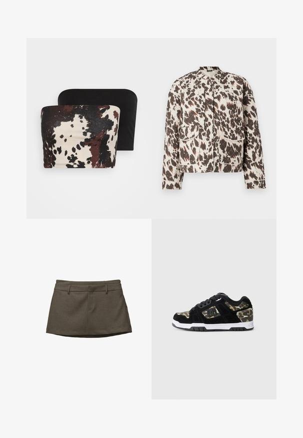 Pufasta jakna iz lahkega materiala, ki se ponaša z izrazitim rjavim in kremnim razpršnim vzorcem, stoječim ovratnikom in dvema sprednjima žepoma.; Dva topa brez naramnic: en ima rjav in kremast abstrakten živalski vzorec, medtem ko je drugi popolnoma črn. Oba sta izdelana iz mehkega blaga.; Rjava krilo s krojenjem po meri, ki vključuje zanke za pas, dve sprednji žepki in teksturirano tkanino. Rob je rahlo ukrivljen.; Črne semiš superge z vojaškim vzorcem na strani, bele srednje podplate in črna gumijasta podplata. Imajo vezalke in podrobnost z logotipom na strani.