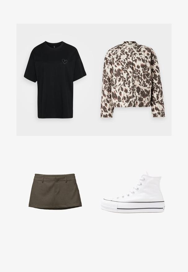 Jacheta matlasată dintr-un material ușor, cu un model îndrăzneț de pete maronii și crem, guler în picioare și două buzunare cu clapă în față.; Tricou din bumbac negru cu o croială lejeră, mâneci scurte, decolteu rotund și un mic design în formă de inimă gri deschis pe partea stângă a pieptului.; Fustă maro cu un design ajustat, având urechi pentru curea, două buzunare frontale și un material texturat. Marginile sunt ușor curbate.; Adidași albi tip pantofi sport cu glezna din pânză, cu talpă din cauciuc negru, capac de vârf din cauciuc frontal și șase ochiuri pentru șireturi, având un design curat și minimalist.