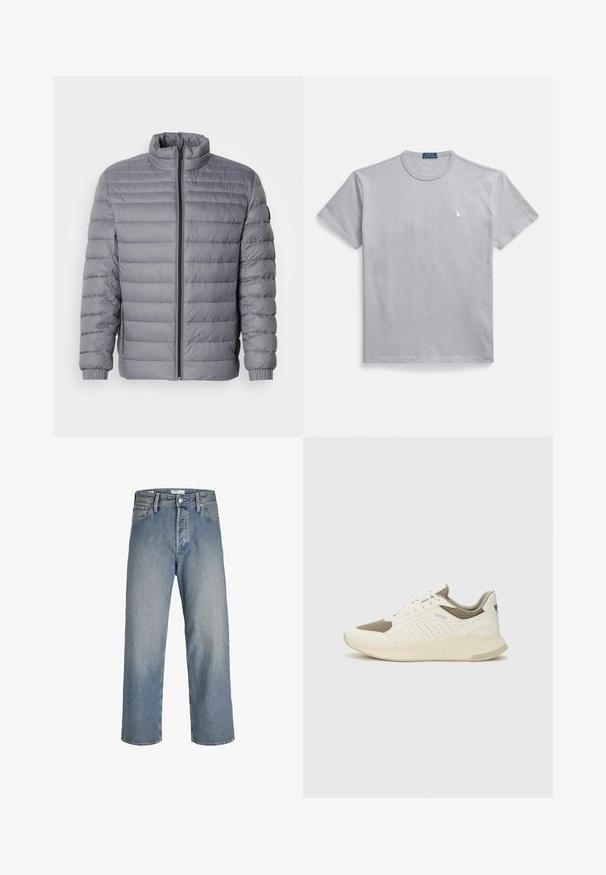 Chaqueta acolchada gris con alto cuello, cierre de cremallera, diseño de acolchado horizontal y puños elásticos. Material ligero que resalta la calidez.; Camiseta de algodón gris con cuello redondo, mangas cortas y un pequeño logo blanco en el pecho izquierdo. Textura suave y ajuste relajado.; Jeans de mezclilla de color azul claro con un corte holgado, cintura alta y piernas rectas. Cuenta con bolsillos frontales y un cierre de botón metálico.; Zapatilla deportiva en blanco y beige claro, con parte superior de malla, detalles perforados y una mediasuela texturizada con la marca en el talón.