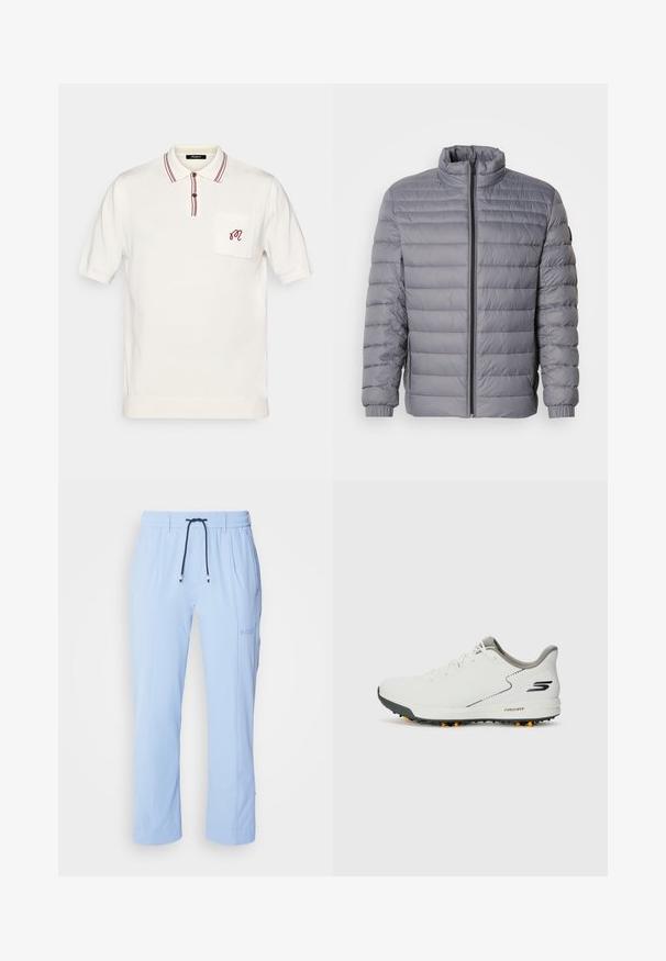 Sivá vypchávkovaná bunda s vysokým golierom, zipsom, horizontálnym prešívaním a elastickými manžetami. Ľahký materiál zdôrazňuje teplo.; Biela polo košeľa s krátkym rukávom, s marhuľovým prúžkovaným golierom a légou, predná vrecko s malým vyšívaným marhuľovým monogramom.; Svetlomodré, ľahké jogger nohavice s elastickým pásom, šnúrkou a nenápadnými bočnými vreckami. Na pravej nohe sa nachádza logo značky.; Biele športové topánky s hladkým zvrškom, sivými akcentmi a textúrovanou čiernou podrážkou s oranžovými hrotmi. Ľahká konštrukcia zameraná na pohodlie.
