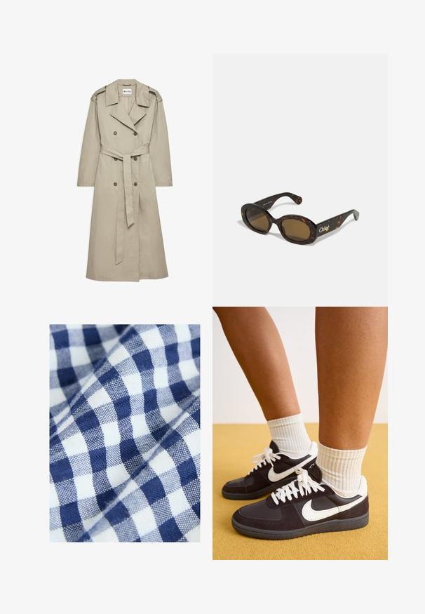 Bež plašč iz lahkega blaga. Ima dvojne gumbke, pas z ježkom in ovratnik z ramenskimi epauleti.; Rjav pleten pulover z visokim ovratnikom, raglan rokavi in rebrasto teksturo. Ohlapen kroj, z enobarvnim dizajnom brez vzorcev.; Bombažna tkanina z modrim in belim karirastim vzorcem vsebuje majhne, enakomerne kvadrate. Tekstura deluje tkana in gladka.; Črne in bele Nike superge z zgornjim delom iz semiša in usnja, bele vezalke, oblečene z rebrastimi kremnimi nogavicami, na rumeni podlagi.; Svetleča očala iz želve s ovalnimi okvirji, rjavimi lečami in blagovno znamko "Chloé" na ročaju. Gladek plastičen material z sijajno obdelavo.; Tkanjena rjava usnjena torbica za ramo zaobljene oblike, z dvema zgornjima ročajema in gladko teksturo; vsebuje subtilno šivanje za oblikovalsko podrobnost.