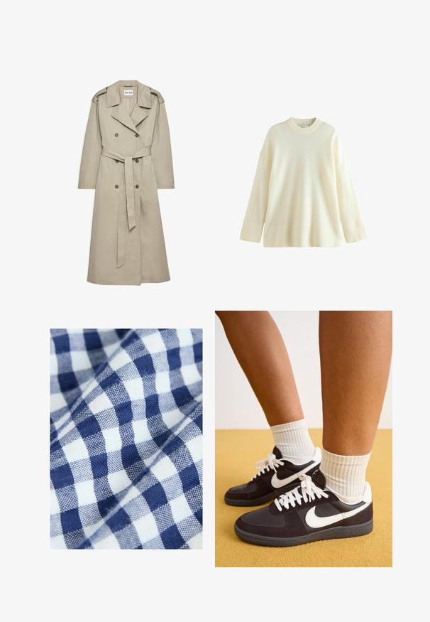 Bež trench coat, mis on valmistatud kergetest kangast. Omab kahekordseid nööpe, vöö külge kinnitatud taljet ning kaelust koos õlavarre epaulettidega.; Kreemivalge üliküps pluus, mis on valmistatud pehmest kangast. Omab soonikut kaelas ja varrukates, kehaosa on sile. Ideaalne kihitamiseks.; Puuvillakangas sinise ja valge ruudulise mustriga, millel on väikesed, ühtlased ruudud. Tekstuur on kudumine ja sile.; Mustvalge Nike sussid, mille ülemine osa on valmistatud nahast ja seemisnahast, valged paelad, kantud ribaroheliste kreemjade sokkidega, kollase tausta ees.